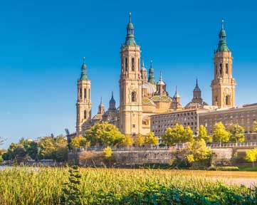 The Cathedral-Basilica of Our Lady of the Pillar, Zaragoza (Saragossa) the capital city of the Zaragoza province and of the autonomous community of Aragon, Spain. It lies by the Ebro river and its tributaries, the Huerva and the Gállego, roughly in t