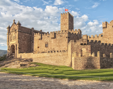 Javier Castle in perspective with a sky of clouds in Navarra, Spain